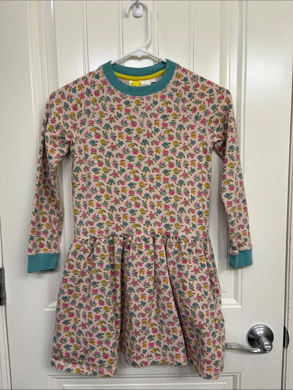 Mini Boden Pink Floral Long Sleeve Dress with Teal Trim
